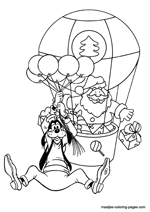 Santa Claus in an air balloon and Goofy hanging on balloons